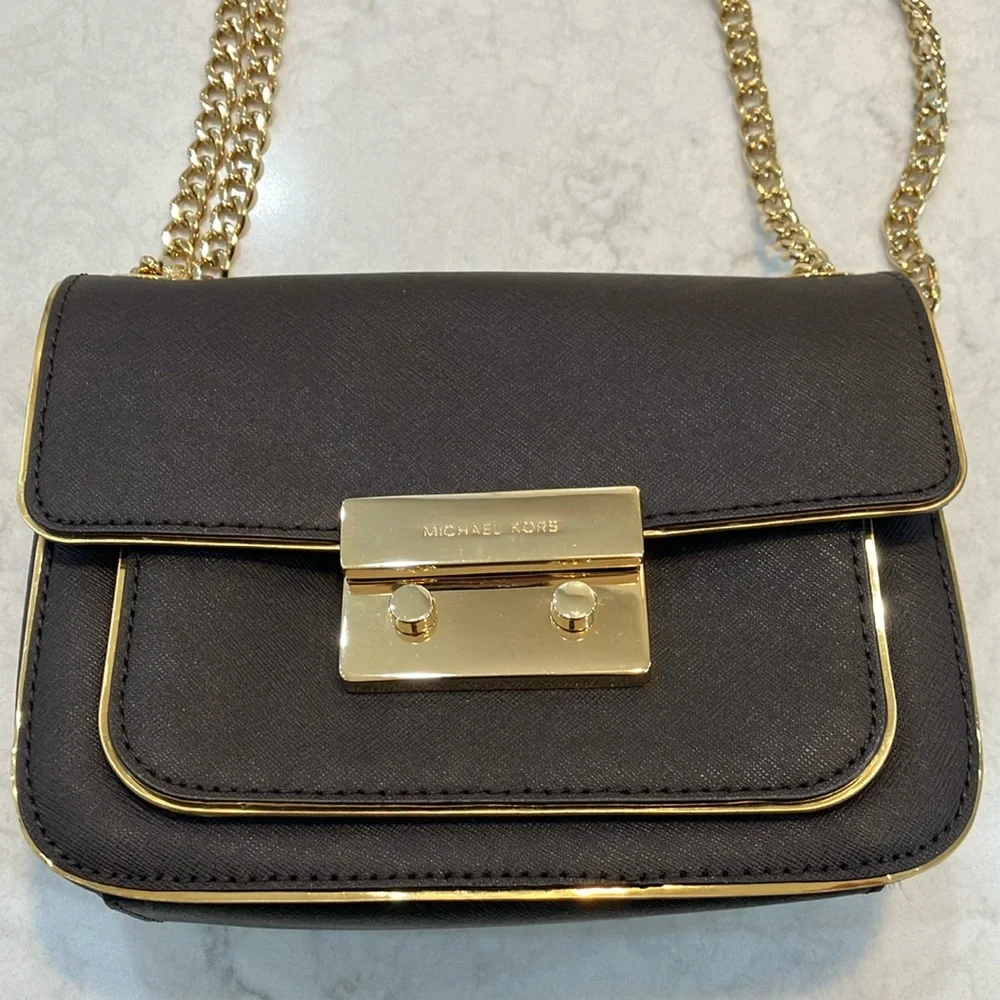 Rare Michael Kors Brown Saffiano Leather/ Gold, Adjustable Gold Chain Strap- New
